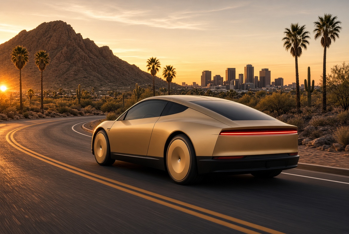Autonomous cab on a Phoenix desert road at sunset