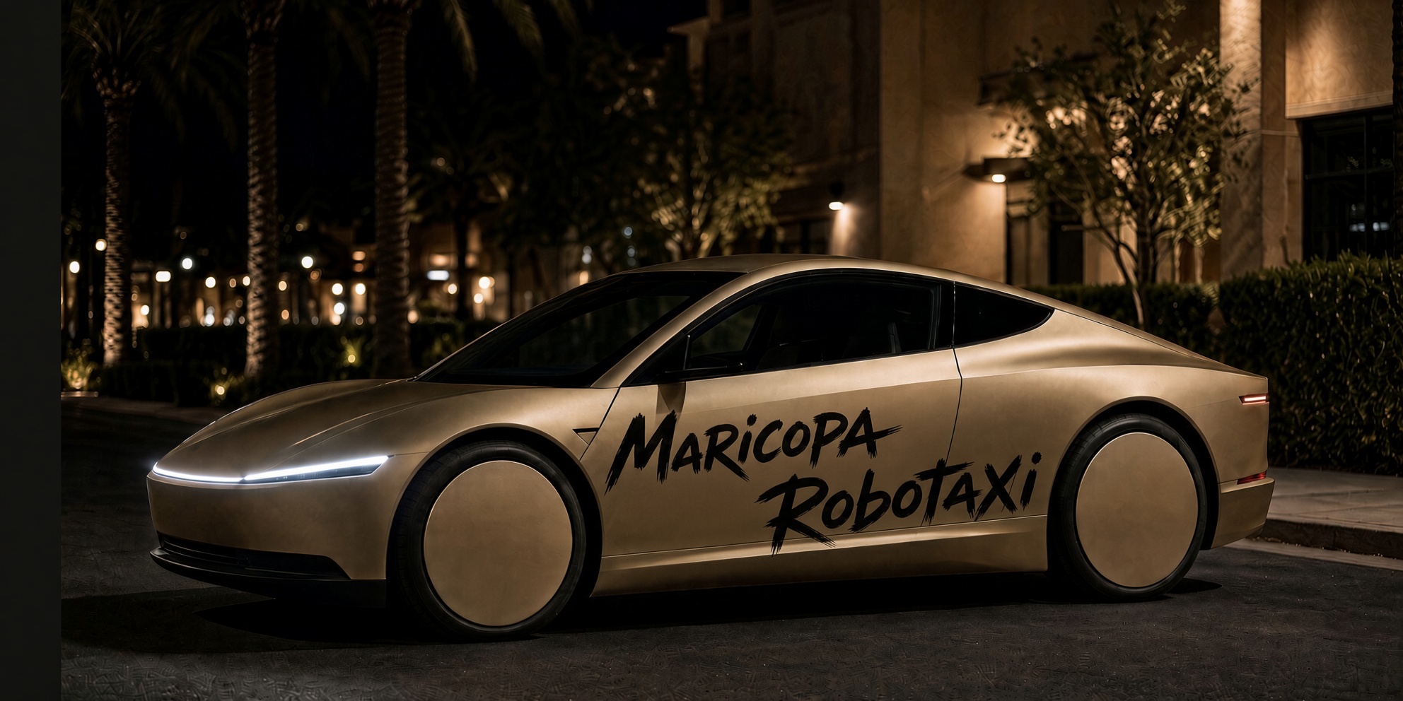 Maricopa Robotaxi wrap on a gold cab in Scottsdale
